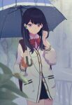  bangs bare_legs black_hair black_skirt blue_eyes bow bowtie cable cardigan cellphone collared_shirt earbuds earphones gridman_universe highres lensu_(lotus36936936) listening_to_music long_hair long_sleeves microskirt orange_scrunchie phone pleated_skirt rain red_bow red_bowtie school_uniform scrunchie shirt single_earphone_removed skirt smartphone ssss.gridman straight_hair takarada_rikka thighs umbrella white_cardigan white_shirt wrist_scrunchie 