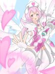  1girl breasts cat_(nyanko_daisensou) cat_nurse_(nyanko_daisensou) hat heart heart_print highres liquid nurse nurse_cap nyanko_daisensou pink_eyes pink_hair small_breasts syringe thighhighs thighs wing_hair_ornament wings yuyu_ttttt 