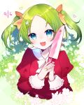  1girl :d aya_(aya_op10s) bangs blue_eyes bow bowtie dress elona floral_background flower green_background green_hair hair_ornament hair_ribbon hairclip hands_up heart holding holding_knife jewelry juliet_sleeves knife long_sleeves looking_at_viewer open_mouth own_hands_together pink_bow puffy_sleeves red_dress ribbon ring smile solo sparkling_eyes twintails upper_body w_arms white_bow white_bowtie younger_sister_(elona) 