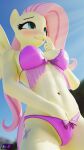  3d_(artwork) absurd_res anthro anthrofied bikini blue_eyes blush bow breasts cleavage clothed clothing colored_nails digital_media_(artwork) equid equine fingering fingering_self fluttershy_(mlp) friendship_is_magic hair hi_res mammal masturbation my_little_pony nails pegasus pink_hair pink_nail_polish pink_nails shadowboltsfm swimwear vaginal vaginal_fingering wings 