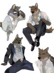  2022 absurd_res anthro bottomwear canid canine canis clothed clothing dreamworks dress_shirt eyebrows eyewear footwear fur hi_res jacket looking_at_viewer male mammal mr._wolf_(the_bad_guys) necktie open_clothing open_jacket open_mouth open_shirt open_smile open_topwear pants seatohao shirt shoes simple_background sitting smile solo standing suit sunglasses teeth the_bad_guys tongue topwear tuft underwear unzipped white_background wolf 