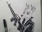  absurd_res anthro assault_rifle cervid clothing gun hi_res holding_object holding_weapon jacket m16 male mammal ranged_weapon rifle sketch_page solo topwear traditional_media_(artwork) weapon wolfyalex96_(artist) 