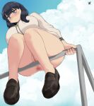  1girl anus arm_support ass bangs black_footwear black_hair blue_eyes blunt_bangs blush bottomless breasts cardigan censored cloud cloudy_sky from_below full_body gridman_universe highres large_breasts long_hair looking_at_viewer minggoo mosaic_censoring on_railing pussy shoes sitting skindentation sky solo ssss.gridman takarada_rikka white_cardigan 