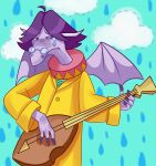  4_fingers anthro blazing_dragons bodily_fluids claws clothed clothing cloud dragon eyewear fingers hair hi_res horn lute male membrane_(anatomy) membranous_wings musical_instrument plucked_string_instrument purple_body raining sad scalie solo string_instrument tears the_wandering_minstrel unknown_artist wings 