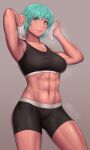  1girl abs absurdres arms_up bangs black_shorts black_sports_bra eyebrows_visible_through_hair fluffydus green_eyes green_hair grey_background highres looking_at_viewer muscular muscular_female open_mouth original short_hair shorts signature simple_background sports_bra steam steaming_body stomach sweat thighs towel 