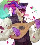  anthro bard dragon feathered_cap hi_res lute male musical_instrument musician plucked_string_instrument purple_body purple_scales scales solo string_instrument third_cookie 