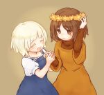  2girls 35yado blue_dress blush brown_background brown_eyes brown_hair child closed_mouth cowboy_shot dress elona flower_wreath gwen_(elona) hand_on_own_head hands_up happy head_wreath holding_hands long_sleeves looking_at_another multiple_girls orange_dress outstretched_arm pael_(elona) puffy_short_sleeves puffy_sleeves short_hair short_sleeves simple_background smile turtleneck undershirt white_hair 