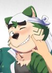 anthro bandanna blush canid canine canis domestic_dog eyebrows fur green_body green_fur grin hi_res kerchief lester232864759 lifewonders live-a-hero male mammal mokdai poking_cheek slightly_chubby smile solo thick_eyebrows video_games 