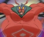  2018 anthro belly belly_tattoo big_belly bodily_fluids clothed clothing fangs front_view glowing glowing_eyes headgear headwear illfang_the_kobold_lord kobold looking_at_viewer male musclegut muscular_arms open_mouth overweight overweight_anthro overweight_male reagan700 red_body saliva solo sword_art_online tattoo tongue topless topless_anthro topless_male 