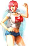  1girl brand_name_imitation breasts choker contrapposto cowboy_shot cropped_shirt cross denim denim_shorts gigant_(series) hand_on_hip highres large_breasts lowleg lowleg_shorts midriff mole mole_under_eye mole_under_mouth navel open_mouth papico_(gigant) pink_eyes pink_hair pink_lips sayamiya shirt short_hair short_shorts shorts smile solo t-shirt uniqlo 