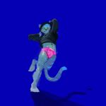  1:1 absurd_res anthro biped black_clothing black_hoodie black_nose black_topwear blue_background blue_body blue_fur blue_hair blue_inner_ear blue_stripes blue_tail bulge clothing dipstick_tail felid front_view fur green_eyes grey_body grey_ears grey_fur grey_tail hair hand_behind_head hi_res hoodie male mammal markings navel oselotti pantherine pink_clothing pink_underwear pose shadow signature simple_background solo standing striped_body striped_fur striped_legs striped_markings striped_tail stripes tail_markings tiger topwear underwear 