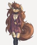  anthro apogee_(tinygaypirate) black_nose breasts brown_body brown_eyes brown_fur brown_hair canid canine canis cheek_tuft choker cleavage clothed clothing cowlick curled_tail domestic_dog dress_shirt ear_piercing eyebrow_through_hair eyebrows eyelashes facial_markings facial_piercing facial_tuft female floppy_ears fur furgonomics furry-specific_piercing gauged_ear grey_background hair head_markings hi_res jewelry leg_tuft legwear long_hair mammal markings muzzle_piercing necklace nose_piercing open_mouth piercing raised_arm shirt simple_background slim small_breasts solo spitz standing thigh_gap thigh_highs tinygaypirate topwear translucent translucent_hair tuft 