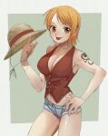  1girl :p absurdres bare_shoulders breasts cleavage commentary_request cosplay denim denim_shorts eyebrows_visible_through_hair hand_on_hip hat highres holding holding_clothes holding_hat large_breasts looking_at_viewer monkey_d._luffy monkey_d._luffy_(cosplay) nami_(one_piece) navel one_piece open_mouth orange_eyes orange_hair red_vest short_hair short_shorts shorts simple_background solo straw_hat tattoo tongue tongue_out urasanmyaku vest 