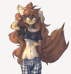  anthro apogee_(tinygaypirate) black_nose bottomwear breasts brown_body brown_eyes brown_fur brown_hair canid canine canis cheek_tuft clothed clothing cowlick domestic_dog ear_piercing eyebrow_through_hair eyebrows facial_markings facial_piercing facial_tuft female floppy_ears fur furgonomics furry-specific_piercing gauged_ear grey_background hair hand_behind_head head_markings hi_res inner_ear_fluff long_hair looking_aside mammal markings messy_hair midriff muzzle_piercing navel no_underwear nose_piercing pants pattern_clothing piercing plaid plaid_clothing portrait pubic_mound raised_arms shirt simple_background slim small_breasts solo spitz standing three-quarter_portrait tinygaypirate topwear translucent translucent_hair tuft under_boob 