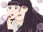  1girl absurdres bangs black_hair bottomless brown_eyes bubble fringe_trim highres jabami_yumeko kakegurui long_hair mask non-web_source open_mouth red_eyes solo tooth 