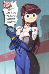  1girl 1other 2022 arwald black_eyes black_hair bodysuit breasts cosplay english_text glasses highres ikari_gendou ikari_gendou_(cosplay) ikari_shinji ikari_shinji_(cosplay) komi-san_wa_komyushou_desu komi_shouko light_blush neon_genesis_evangelion no_mouth opaque_glasses osana_najimi_(komi-san_wa_komyushou_desu) parody plugsuit profanity solo_focus standing twitter_username 