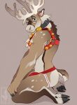  anthro antlers bell bell_harness blue_eyes bulge capreoline cervid chest_tuft clothing cloven_hooves collar eyewear genital_outline glasses harness hooves horn jockstrap jockstrap_only kneeling looking_at_viewer male mammal penis_outline reindeer short_tail smile solo tuft twistedhound underwear 