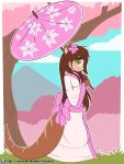 accessory anthro asian_clothing brown_body brown_fur brown_hair cherry_blossom cherry_blossom_tree cherry_tree clothing east_asian_clothing female flower flower_in_hair flu_(character) fruit_tree fuf fur green_eyes hair hair_accessory hi_res japanese_clothing kimono long_hair looking_at_viewer lutrine mammal mustelid outside parasol plant smile solo tree 