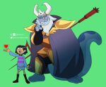 2021 absurd_res amphibia_(series) amphibian anthro armor artist_name asgore_dreemurr beard blue_body cape clothed clothing cosplay disney duo facial_hair female frisk_(undertale) giant_salamander green_background hi_res human king_andrias_leviathan looking_at_viewer male mammal marcy_wu melee_weapon olazart one_eye_closed polearm salamander_(amphibian) simple_background text trident undertale undertale_(series) video_games weapon 