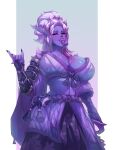  absurd_res big_breasts breasts cleavage clothed clothing female hi_res horn horned_humanoid humanoid miloff not_furry purple_body purple_skin solo tongue tongue_out 