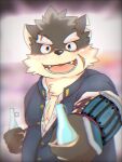  anthro blush canid canine canis domestic_dog eyebrows fur grey_body grey_fur lifewonders looking_at_viewer male mammal moritaka sharing_beverage smile solo takayumi_ponzu thick_eyebrows tokyo_afterschool_summoners video_games 