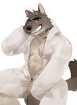 2022 abs absurd_res anthro blush canid canine canis clothed clothing dreamworks eyebrows fur hi_res hood looking_at_viewer male mammal mr._wolf_(the_bad_guys) muscular muscular_anthro muscular_male onesie pecs seatohao simple_background sitting smile solo teeth the_bad_guys tuft unzipped white_background wolf 