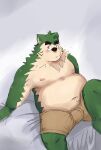  anthro bed belly bottomwear bulge canid canine canis clothing domestic_dog fur furniture green_body green_fur hi_res lester232864759 lifewonders live-a-hero male mammal mokdai moobs navel nipples on_bed overweight shirtless shorts solo video_games 