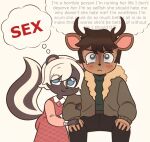  anthro antlers black_body black_fur brown_body brown_fur cervid clothing dress duo english_text female flakops fur horn jacket leaning_on_another male male/female mammal mephitid sitting skunk text thought_bubble topwear worried 