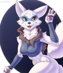  alopex anthro arctic_fox bdsm bottomless breasts canid canine clothed clothing cooliehigh female fox fur hi_res mammal simple_background smile solo teenage_mutant_ninja_turtles white_body white_fur wrist_guards yellow_eyes 