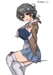  1girl :d apron black_hair blue_serafuku blue_skirt breasts crossed_legs feet_out_of_frame from_side hair_between_eyes hair_flaps hair_ornament hairclip head_tilt highres jingei_(kancolle) kantai_collection large_breasts long_hair looking_at_viewer looking_to_the_side low_ponytail neckerchief pleated_skirt sailor_collar school_uniform serafuku shawl skirt smile solo thighhighs twitter_username white_apron white_legwear white_neckerchief yamano_rita zettai_ryouiki 
