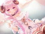  1girl animal_ears asmr bangs bare_shoulders braid braided_ponytail breasts cleavage collarbone copyright_request corset highres hitsuji_meme horns itsuki_jun large_breasts layered_skirt legs_together looking_at_viewer official_art open_clothes pink_eyes pink_hair seiza sitting skirt smile thighs underboob virtual_youtuber 