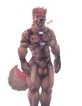  absurd_res anthro balls bastionshadowpaw biped fur genitals gnoll hair hi_res hyaenid looking_at_viewer male mammal nipples nude penis scar scars_all_over simple_background smile solo 