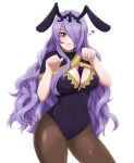  adapted_costume animal_ears breasts bunny_pose camilla_(fire_emblem) curly_hair fire_emblem fire_emblem_fates fire_emblem_heroes hair_ornament hair_over_one_eye heart highres large_breasts lips long_hair one_eye_covered pantyhose playboy_bunny purple_eyes purple_hair rabbit_ears seityr tiara 