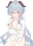  1girl absurdres ahoge bangs blue_hair blush breasts closed_mouth eyebrows_visible_through_hair ganyu_(genshin_impact) genshin_impact goat_horns hair_between_eyes hair_censor hand_on_own_thigh highres holding_own_arm horns long_hair long_sleeves looking_away memeno naked_shirt open_clothes open_shirt red_eyes shirt simple_background single_bare_shoulder sitting small_breasts solo thick_eyebrows very_long_hair white_background 