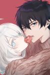  1boy 1girl ahoge ao_no_exorcist aoirnn black_hair blue_eyes brown_sweater eyebrows_visible_through_hair eyes_visible_through_hair grey_hair hair_between_eyes highres hug light_blue_eyes long_hair looking_at_viewer mole mouth_hold okumura_rin original parted_lips pointy_ears red_background red_pupils simple_background sweater teeth_hold turtleneck turtleneck_sweater 