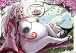  2022 4_toes 5_fingers absurd_res amaterasu anthro anthrofied areola bahnbahn_(artist) belly belly_markings big_belly big_breasts black_nose black_sclera bodily_fluids breasts canid canine canis capcom cherry_blossom claws clothed clothing dango_(food) deity eating facial_markings feet female finger_claws fingers footwear fur green_eyes hair head_markings hi_res hindpaw huge_breasts humanoid_hands hyper hyper_belly hyper_pregnancy lactating leg_markings long_hair looking_at_viewer mammal markings milk navel nipples open_clothing open_robe outie_navel paws pictographics plant pregnant pregnant_female red_markings robe sandals signature sitting solo speech_bubble text toe_claws toes url video_games white_body white_fur white_hair wolf ōkami 