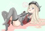  ! 1girl bismarck_(kancolle) black_panties blonde_hair blue_eyes brown_gloves dress elbow_gloves fyuo gloves grey_dress grey_legwear hat highres kantai_collection military military_uniform one-hour_drawing_challenge panties peaked_cap solo spoken_exclamation_mark thighhighs underwear uniform younger 