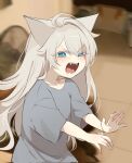  1girl ahoge animal_ears aoirnn blue_eyes blurry blurry_background blush cat_ears cat_girl electric_fan eyebrows_visible_through_hair eyes_visible_through_hair face fangs grey_hair hair_between_eyes highres long_hair looking_at_viewer mole open_mouth original photo-referenced solo tongue 