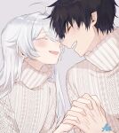  1boy 1girl ahoge ao_no_exorcist aoirnn blush closed_eyes eyebrows_visible_through_hair fang grey_background grey_hair highres long_hair mole okumura_rin open_mouth original pointy_ears signature simple_background smile sweater teeth turtleneck turtleneck_sweater upper_teeth white_sweater 