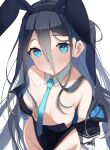  1girl animal_ears arisu_(blue_archive) black_hair blue_archive blue_eyes breasts cleavage detached_collar downblouse fake_animal_ears from_above highres long_hair necktie nidaime_(doronbo) playboy_bunny small_breasts solo 