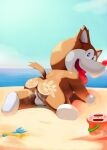  2018 anthro backsack balls beach butt canid canine canis digital_media_(artwork) doraemon doranikov fur genitals hi_res looking_at_viewer looking_back male mammal nude open_mouth perineum sand seaside seyrmo solo the_doraemons tongue tongue_out water 