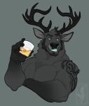  anthro antlers beard beverage black_body black_fur blue_eyes blue_tongue bust_portrait cervid cervine chest_tuft drinking elk facial_hair fur glass grey_body grey_fur hi_res horn ice_cube male mammal muscular muscular_anthro muscular_male portrait solo tattoo tongue tuft twistedhound 