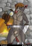  anthro anvil balls blacksmithing bodily_fluids flaccid foreskin garo_(artist) genitals ghost_of_a_tale hair_on_fur hi_res humanoid_genitalia male mammal murid murine muscular muscular_male nude penis rat rodent rolo_(ghost_of_a_tale) solo sweat translucent 