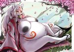  2022 4_toes 5_fingers absurd_res amaterasu anthro anthrofied areola bahnbahn_(artist) belly belly_markings big_belly big_breasts black_nose black_sclera breasts canid canine canis capcom cherry_blossom claws clothed clothing dango_(food) deity eating facial_markings feet female finger_claws fingers footwear fur green_eyes hair head_markings hi_res hindpaw huge_breasts humanoid_hands hyper hyper_belly hyper_pregnancy leg_markings long_hair looking_at_viewer mammal markings navel nipples open_clothing open_robe outie_navel paws plant pregnant pregnant_female red_markings robe sandals signature sitting solo text toe_claws toes url video_games white_body white_fur white_hair wolf ōkami 