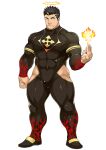  1boy abs alternate_costume armband bara biceps black_hair bodysuit bulge clenched_hand facial_hair fire flame_print frown half-closed_eyes halo large_pectorals male_focus manly mature_male muscular muscular_male naop_(anything) official_art pectorals sandals solo sparkle spiked_hair stubble thick_arms thick_eyebrows thick_thighs thighs tight tokyo_afterschool_summoners transparent_background yellow_eyes zabaniya_(housamo) 