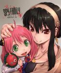  2girls amania_orz anya_(spy_x_family) black_hair eyebrows eyebrows_visible_through_hair gold_hairband green_eyes highres jewelry multiple_girls necklace open_mouth pink_hair red_eyes ribbon short_hair_with_long_locks smile spy_x_family yor_briar 