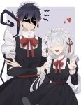  1boy 1girl ahoge alternate_costume ao_no_exorcist aoirnn blue_eyes blush border bow closed_eyes crossed_arms enmaided eyebrows_visible_through_hair grey_hair hair_between_eyes hair_ribbon heart highres long_hair looking_at_viewer maid maid_headdress mole okumura_rin open_mouth original pointy_ears red_bow ribbon shaded_face tail teeth w white_border 