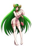  absurdres alternate_costume bag boots breast_hold breasts cleavage contemporary crown dress full_body green_eyes green_hair hair_ornament handbag high_heel_boots high_heels highres jewelry kid_icarus kid_icarus_uprising large_breasts long_hair long_sleeves necklace palutena side_slit super_smash_bros. thigh_boots thighhighs very_long_hair white_dress will_(willanator93) 