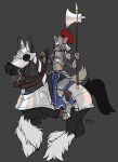  anthro armor axe bridle canid canine canis chainmail colored duo equid equine female feral hi_res horse jaclyn_(revertigo) mammal melee_weapon plate_armor reins riding signature simple_background sketchytoasty weapon wolf 