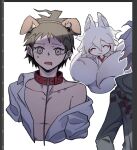  2boys ahoge alternate_costume animal_collar animal_ear_fluff animal_ears brown_hair closed_eyes collar collarbone danganronpa_(series) danganronpa_2:_goodbye_despair dog_ears facing_viewer fake_animal_ears fox_ears green_jacket grey_background grey_shirt hair_between_eyes highres hinata_hajime hood hood_down jacket japanese_clothes kimono komaeda_nagito leash male_focus multiple_boys multiple_tails multiple_views open_clothes open_mouth open_shirt shirt short_hair single_bare_shoulder tail tearing_up white_hair ziling 